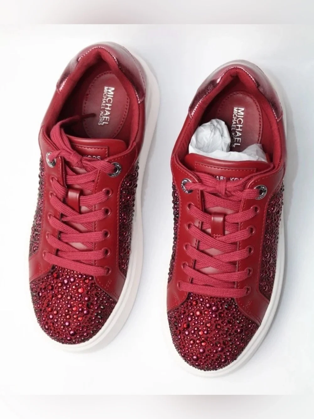 Michael Kors Romey Lace Up Red Crystal-Embellished Platform Sneakers